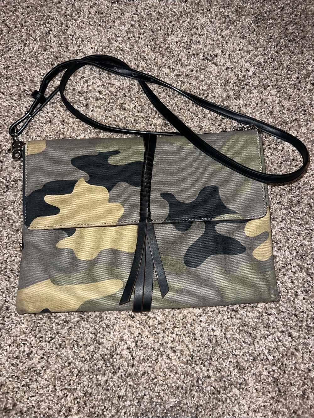 Stella & Dot Camouflage Crossbody Clutch Bag with Black Trim